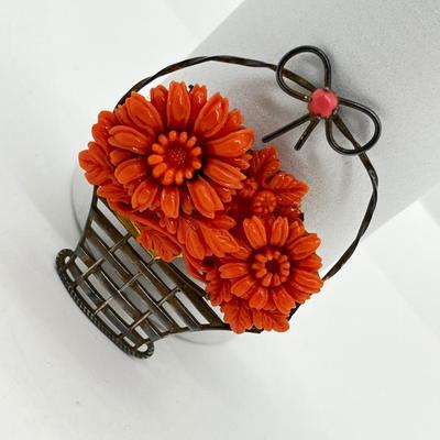 LOT 224J: Stunning Vintage Sterling Faux Coral Basket Brooch/Pin
