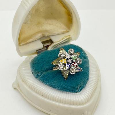 LOT 227J: Beautiful Hand Crafted Ring - Eastern Star Pin Mounted on an 18K White Gold Ring - Size 5
