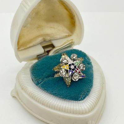 LOT 227J: Beautiful Hand Crafted Ring - Eastern Star Pin Mounted on an 18K White Gold Ring - Size 5
