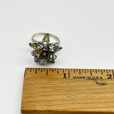 LOT 227J: Beautiful Hand Crafted Ring - Eastern Star Pin Mounted on an 18K White Gold Ring - Size 5