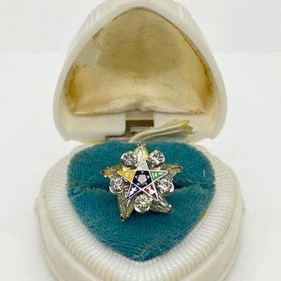 LOT 227J: Beautiful Hand Crafted Ring - Eastern Star Pin Mounted on an 18K White Gold Ring - Size 5