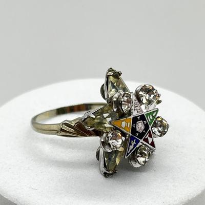 LOT 227J: Beautiful Hand Crafted Ring - Eastern Star Pin Mounted on an 18K White Gold Ring - Size 5