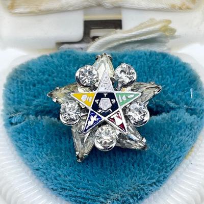 LOT 227J: Beautiful Hand Crafted Ring - Eastern Star Pin Mounted on an 18K White Gold Ring - Size 5