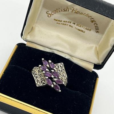 LOT 228J: Stunning Vintage Sterling and Marcasite Amethyst Cluster Ring - Size 8 - 7.4 GTW