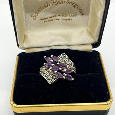 LOT 228J: Stunning Vintage Sterling and Marcasite Amethyst Cluster Ring - Size 8 - 7.4 GTW