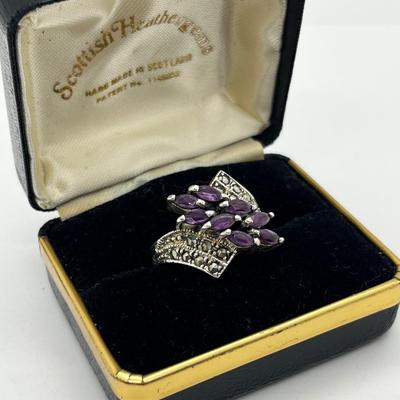 LOT 228J: Stunning Vintage Sterling and Marcasite Amethyst Cluster Ring - Size 8 - 7.4 GTW