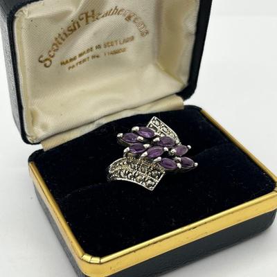 LOT 228J: Stunning Vintage Sterling and Marcasite Amethyst Cluster Ring - Size 8 - 7.4 GTW