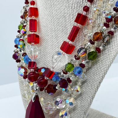 LOT 233J: Vintage Crystal and Glass Beaded Necklaces with Awesome Magenta Glass Statement Pendant Necklace