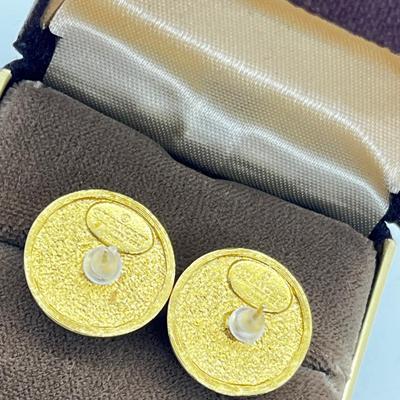 LOT 235J: 1981 Givenchy Faux Pearl and Goldtone Pierced Earrings
