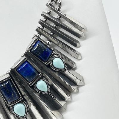 LOT 237J: Fabulous Lapis Turquoise Bead Southwestern Spiked Statement Necklace