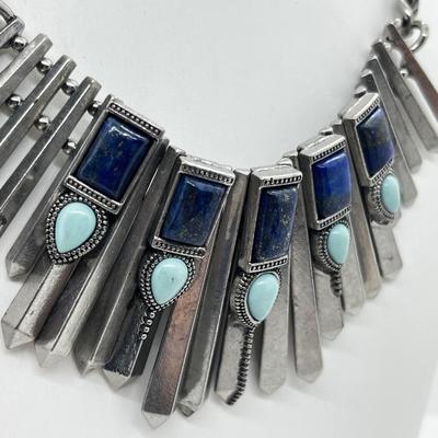 LOT 237J: Fabulous Lapis Turquoise Bead Southwestern Spiked Statement Necklace