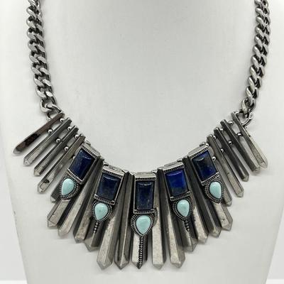 LOT 237J: Fabulous Lapis Turquoise Bead Southwestern Spiked Statement Necklace