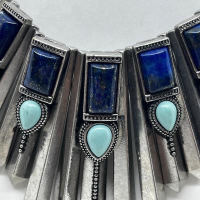 LOT 237J: Fabulous Lapis Turquoise Bead Southwestern Spiked Statement Necklace