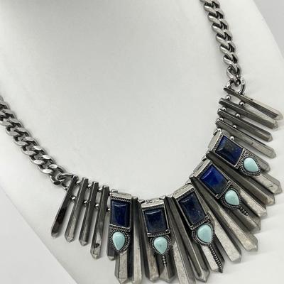 LOT 237J: Fabulous Lapis Turquoise Bead Southwestern Spiked Statement Necklace