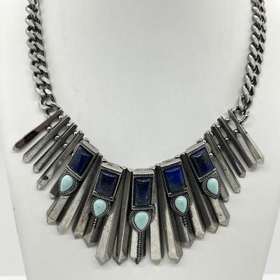 LOT 237J: Fabulous Lapis Turquoise Bead Southwestern Spiked Statement Necklace