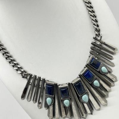 LOT 237J: Fabulous Lapis Turquoise Bead Southwestern Spiked Statement Necklace