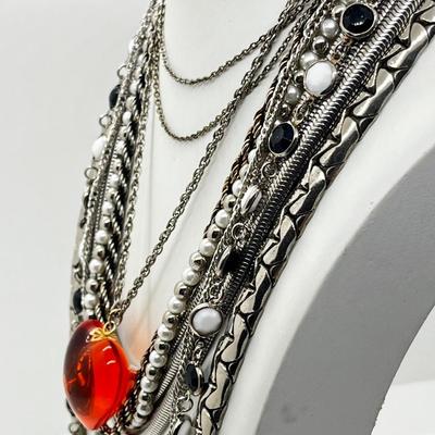 LOT 239: Silvertone and Black Necklace Collection with Showstopper Giant Red Glass Heart Shaped Pendant