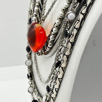 LOT 239: Silvertone and Black Necklace Collection with Showstopper Giant Red Glass Heart Shaped Pendant