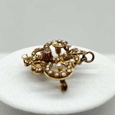 LOT 249J: 14K Yellow Gold Antique Seed Pearl Pendant/Brooch - 3.9 GTW