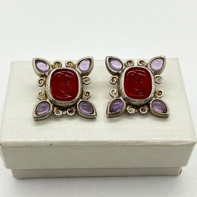 LOT 252J: Beautiful Leslie Buck Sterling and Gemstone Clip On Earrings with Intaglio Carving - 15.4 GTW