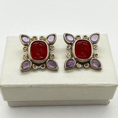 LOT 252J: Beautiful Leslie Buck Sterling and Gemstone Clip On Earrings with Intaglio Carving - 15.4 GTW