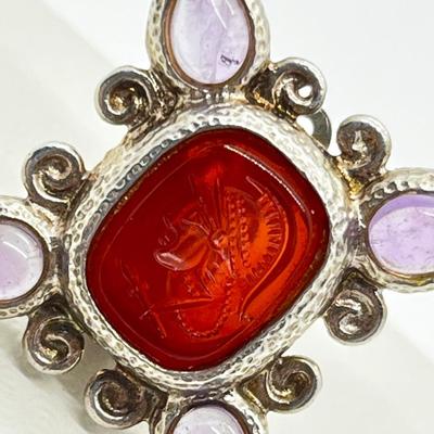 LOT 252J: Beautiful Leslie Buck Sterling and Gemstone Clip On Earrings with Intaglio Carving - 15.4 GTW