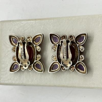 LOT 252J: Beautiful Leslie Buck Sterling and Gemstone Clip On Earrings with Intaglio Carving - 15.4 GTW