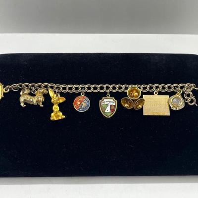 LOT 258J: Vintage 1949 Charm Bracelet - Christmas Tree Charm is Marked 14K - 7"