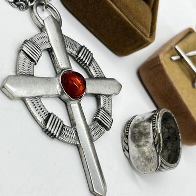 LOT 261J: Eclectic Jewelry Lot: Robin of Lockley Pewter Celtic Cross with Amber Center, Sterling Pierced Earrings and Two Rings - Sized...