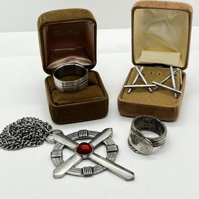 LOT 261J: Eclectic Jewelry Lot: Robin of Lockley Pewter Celtic Cross with Amber Center, Sterling Pierced Earrings and Two Rings - Sized...