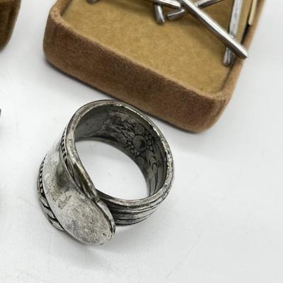 LOT 261J: Eclectic Jewelry Lot: Robin of Lockley Pewter Celtic Cross with Amber Center, Sterling Pierced Earrings and Two Rings - Sized...