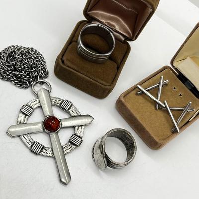 LOT 261J: Eclectic Jewelry Lot: Robin of Lockley Pewter Celtic Cross with Amber Center, Sterling Pierced Earrings and Two Rings - Sized...
