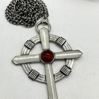 LOT 261J: Eclectic Jewelry Lot: Robin of Lockley Pewter Celtic Cross with Amber Center, Sterling Pierced Earrings and Two Rings - Sized...