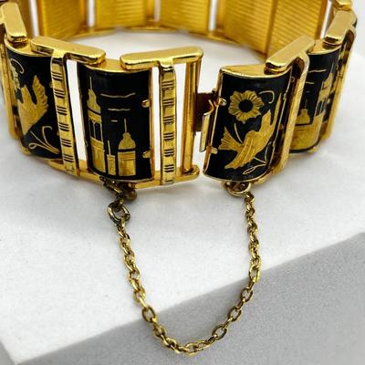LOT 264J: Fabulous Vintage Damascene 7.5" Bracelet with 29.5" Goldtone Necklace