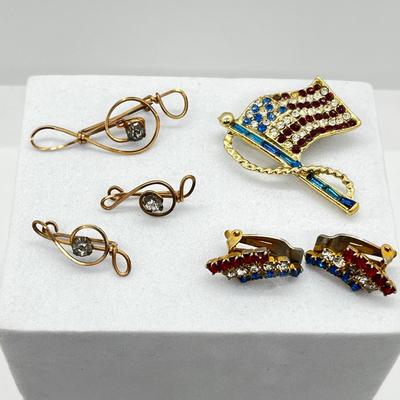 LOT 265J: Hand Crafted Gold Wire Earrings and Pendant + Vintage Patriotic Flag Brooch and Clip On Earrings