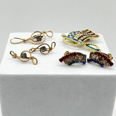 LOT 265J: Hand Crafted Gold Wire Earrings and Pendant + Vintage Patriotic Flag Brooch and Clip On Earrings