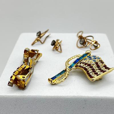 LOT 265J: Hand Crafted Gold Wire Earrings and Pendant + Vintage Patriotic Flag Brooch and Clip On Earrings