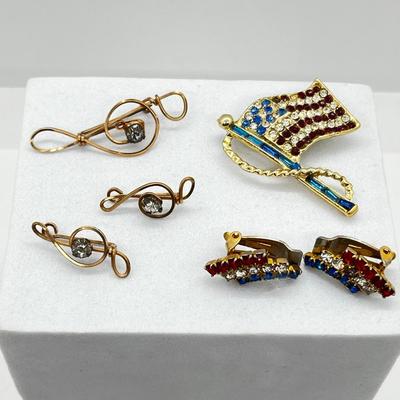 LOT 265J: Hand Crafted Gold Wire Earrings and Pendant + Vintage Patriotic Flag Brooch and Clip On Earrings
