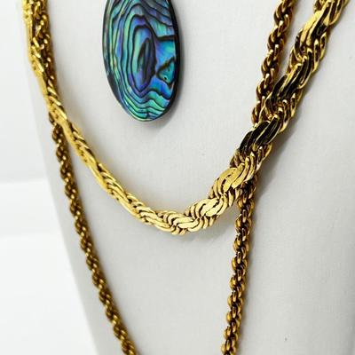 LOT 267J: Abolone Pendant Necklace with other Goldtone Necklaces Plus an 8.5" Sarah Coventry Chain Bracelet