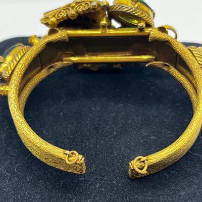 LOT 272J: Vintage Hinged Goldtone Bracelet Featuring Green Art Glass and Rhinestones