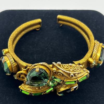 LOT 272J: Vintage Hinged Goldtone Bracelet Featuring Green Art Glass and Rhinestones