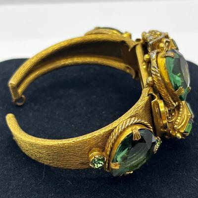 LOT 272J: Vintage Hinged Goldtone Bracelet Featuring Green Art Glass and Rhinestones