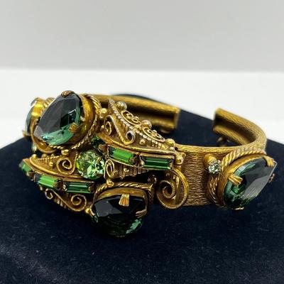 LOT 272J: Vintage Hinged Goldtone Bracelet Featuring Green Art Glass and Rhinestones