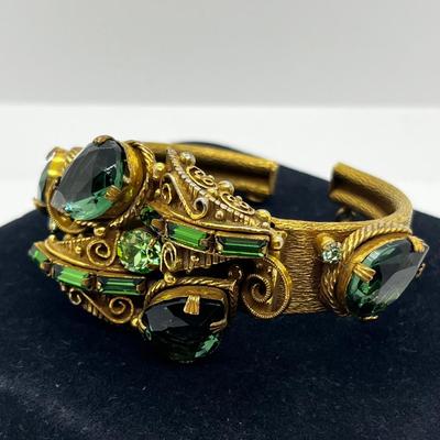 LOT 272J: Vintage Hinged Goldtone Bracelet Featuring Green Art Glass and Rhinestones
