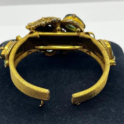 LOT 272J: Vintage Hinged Goldtone Bracelet Featuring Green Art Glass and Rhinestones