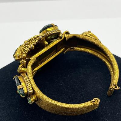 LOT 272J: Vintage Hinged Goldtone Bracelet Featuring Green Art Glass and Rhinestones