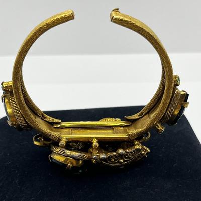 LOT 272J: Vintage Hinged Goldtone Bracelet Featuring Green Art Glass and Rhinestones
