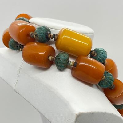 LOT 275J: Egyptian Ball Bead and Tubular Amber Necklace - 30"