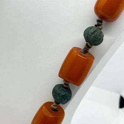 LOT 275J: Egyptian Ball Bead and Tubular Amber Necklace - 30"