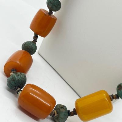 LOT 275J: Egyptian Ball Bead and Tubular Amber Necklace - 30"
